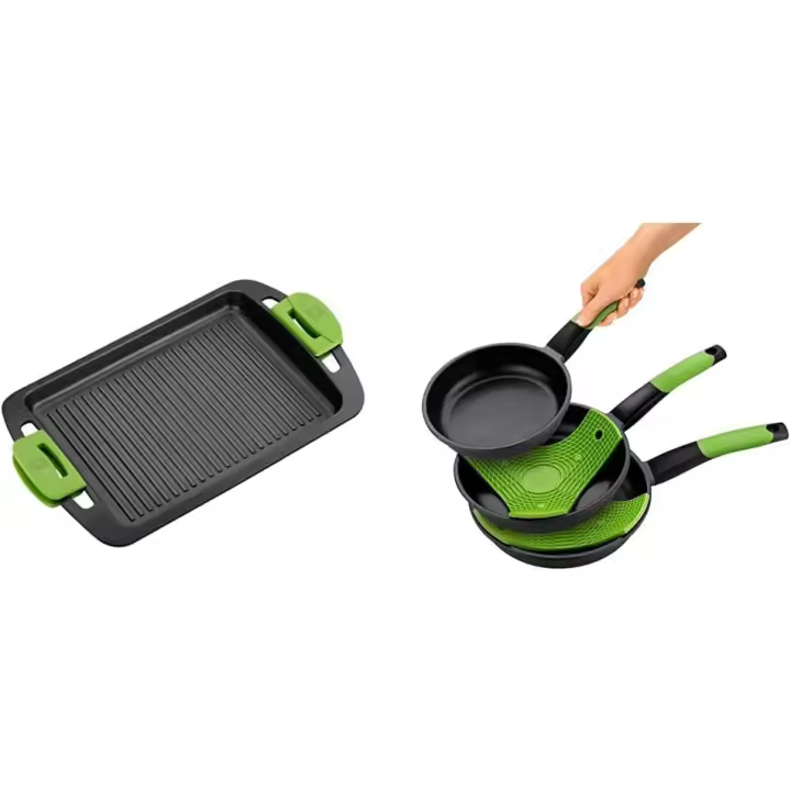 Previo Set de 3 Sartenes, Aluminio Fundido Antiadherente, Incluye dos Salvamanteles Safe Verdes, Aptas para Todo Type de Cocinas Incluye Inducción, 18-22-26 cm - 1
