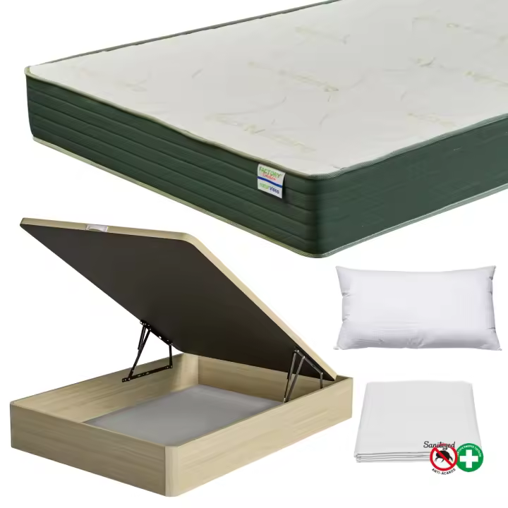FACTORY COLCHÓN - Pack Colchón Viscoelástico Naturvisco + Canapé De Madera Hard + Almohada + Funda De Colchón - 1
