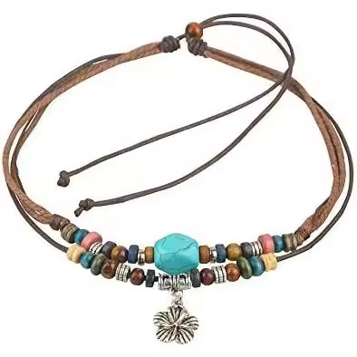 Collar de surfista con cuentas de madera y cordón de cáñamo ajustable de tribu antigua con cuentas de turquesa - 1