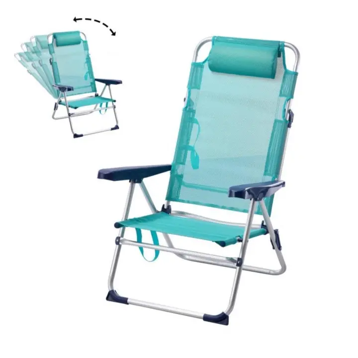 Silla Playa Plegable, 5 Posiciones, 57X31X62/101CM Incluye cojín Acolchado, Asa Hombro, Soporta 110 kg, Topes antivuelco, Multiposición, Respaldo reclinable Raya Azul - 1