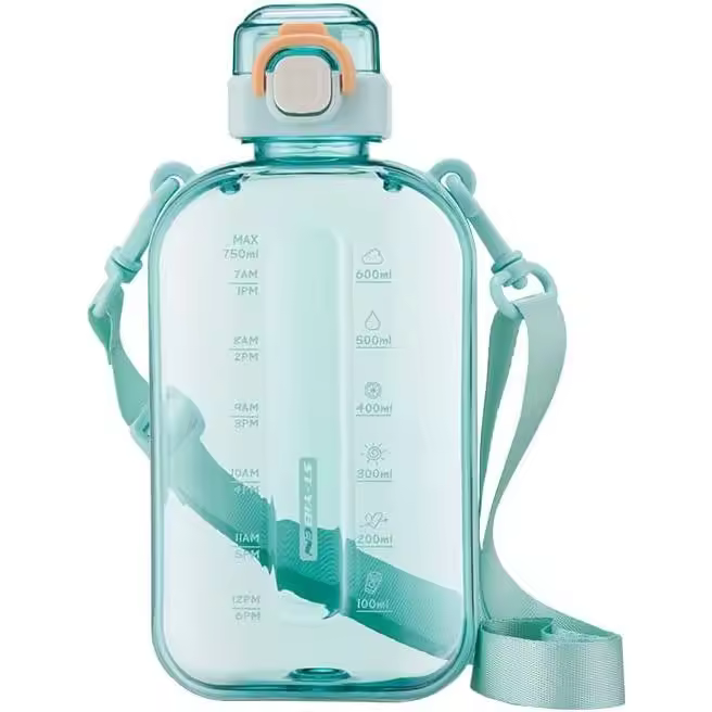 Botellas de Agua Planas de 750ml, botella de Agua Deportiva with Tapon Abierto de One Click, botella de viaje con Marcador de tiempo y Correa de Transporte para deportes, Viajes y Fitness (Cian) - 1