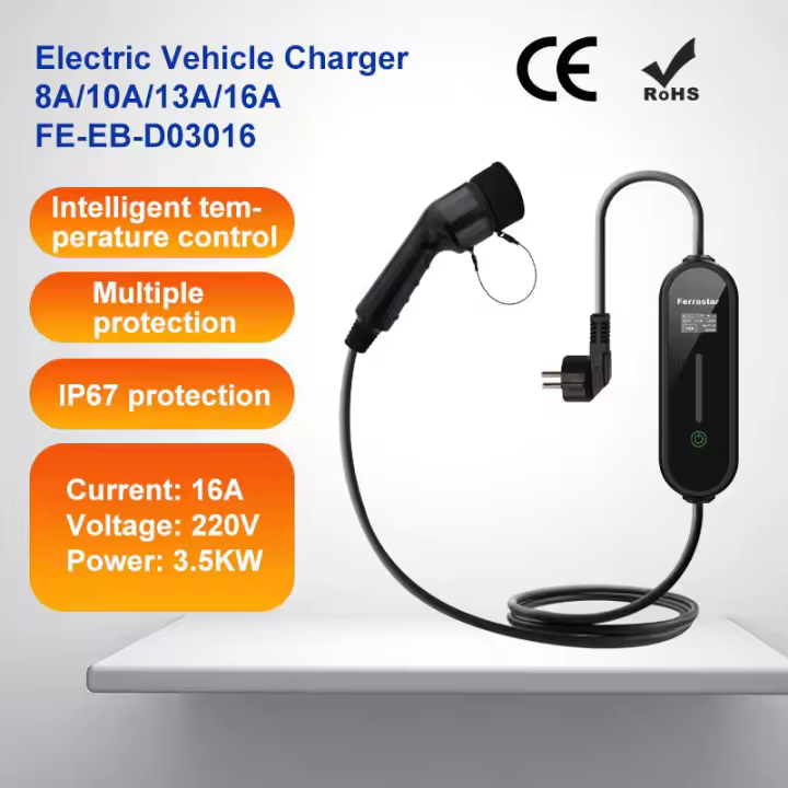 FERRASTAR Cargador de coche Eléctrico ,Cargador EV Portátil Tipo 2 Corriente Alterna (AC) de Estándar Europeo, Corriente Ajustable a 5 niveles de, Programable para Reservar Carga, Pantalla 1.6 pulgadas, Cable de 5 Metros y Recubrimiento Ignífugo de TPU - 1