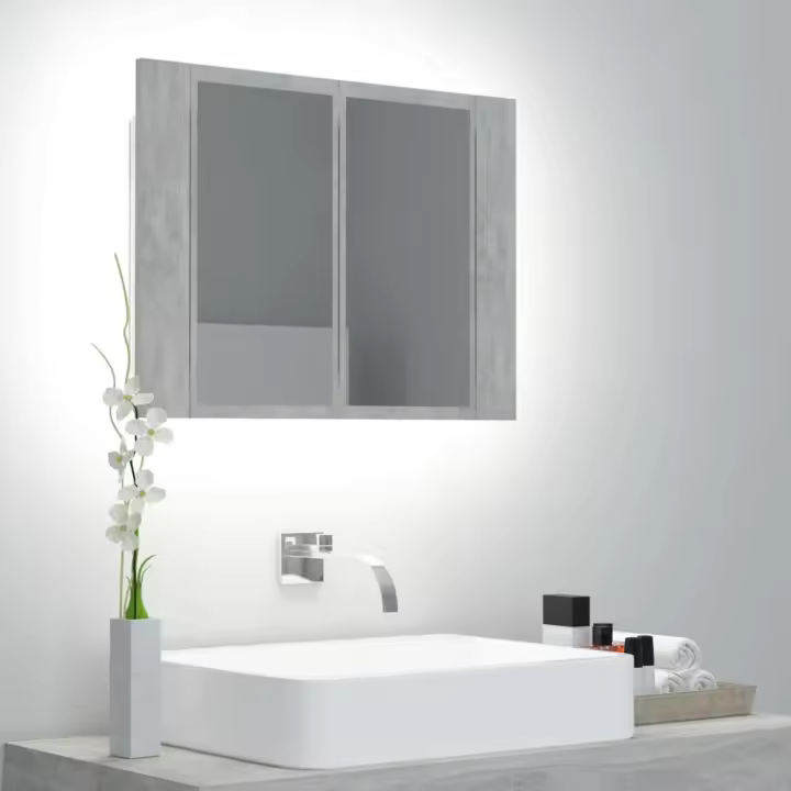 vidaXL Armario espejo baño luz LED acrílico gris hormigón 60x12x45 cm - 1