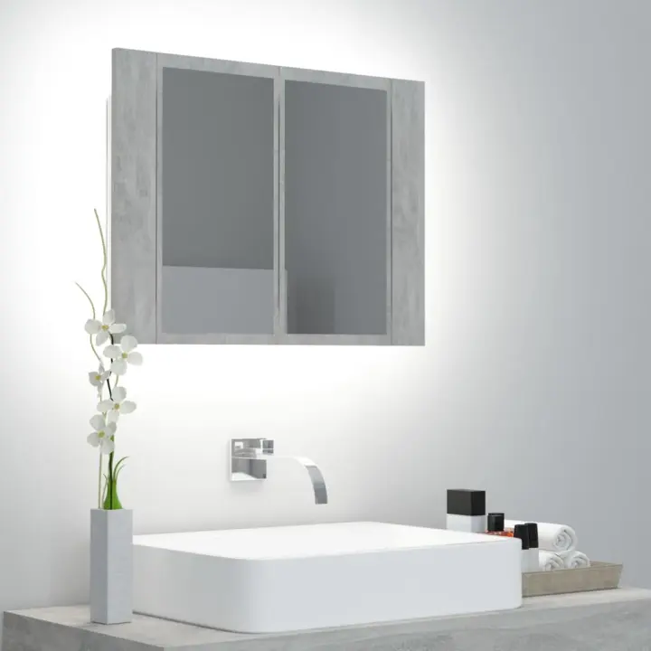 vidaXL Armario espejo baño luz LED acrílico gris hormigón 60x12x45 cm - 1