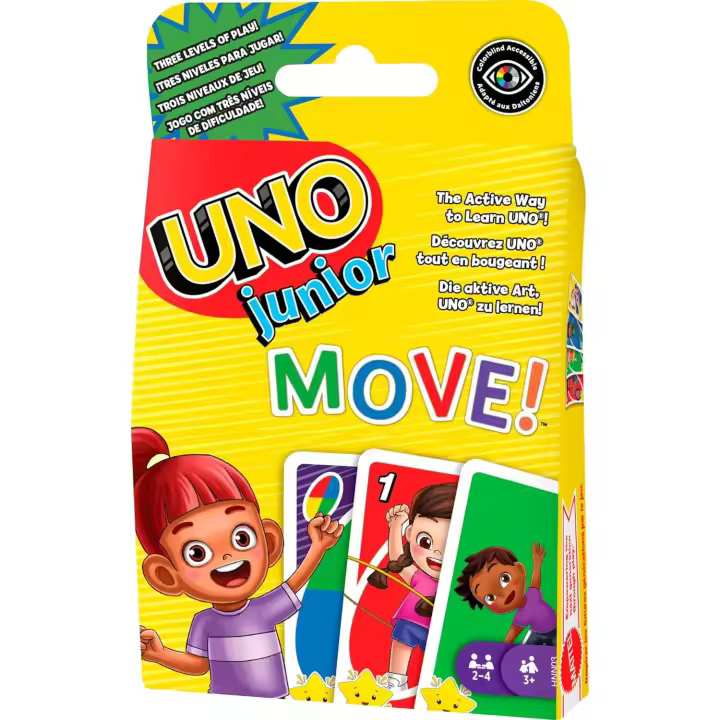 Mattel Games UNO Junior Move - Juego de Cartas con Tres Niveles para Jugar -  Juego de Mesa Divertido para niños y niñas mayores  de 3 años - 1