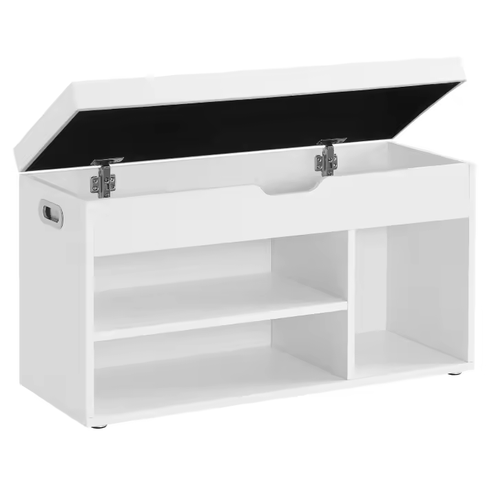 VASAGLE Banco Zapatero con Cojín, Banco de Almacenamiento, 3 Compartimentos, Almacenamiento Oculto, Estantes, para Sala de Estar, Pasillo, Dormitorio, Carga de 150 kg, Blanco/Marrón Rústico - 1