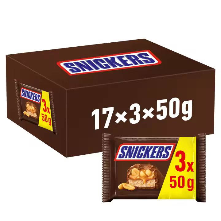 Snickers Barrita de Chocolate con Leche, Crema de Cacahuete, Caramelo y Cacahuetes, 17 Paquetes de 3 x 50g, DeliciosaBarradeChocolateconLecheRellenadeunaSedosaCremadeCacahuete,SuaveCarameloyCrujientesTrozosdeCacahuete - 1