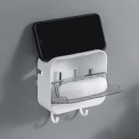 Plato de jabón montado en la pared con tapa con bisagras, plato de jabón a prueba de fugas con 2 ganchos, caja de jabón autoadhesiva bandeja de jabón de ducha para baños cocinas (blanco) - details 3