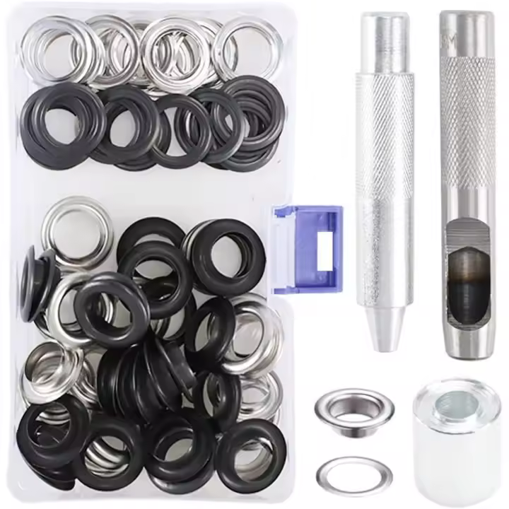 103PCs caja de lápiz ojales para metal lonas ojal costura 14mm ojal kit ojales herramientas de reparación ojales de metal para la ropa de bricolaje lona-tienda de cuero negro y plata - 1