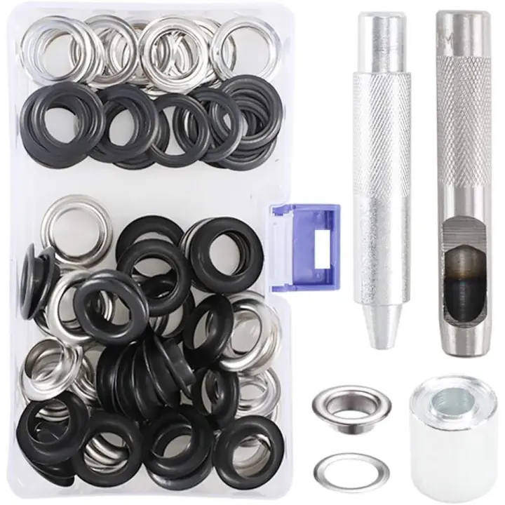 103PCs caja de lápiz ojales para metal lonas ojal costura 14mm ojal kit ojales herramientas de reparación ojales de metal para la ropa de bricolaje lona-tienda de cuero negro y plata - 1