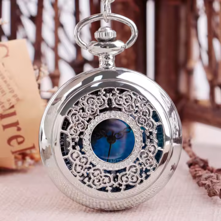Reloj De Bolsillo Cuarzo Con Dial Azul Estrellado Romano Para Hombres Mujeres Y Niños Caja De Aleación Negro Y Plateado - 1