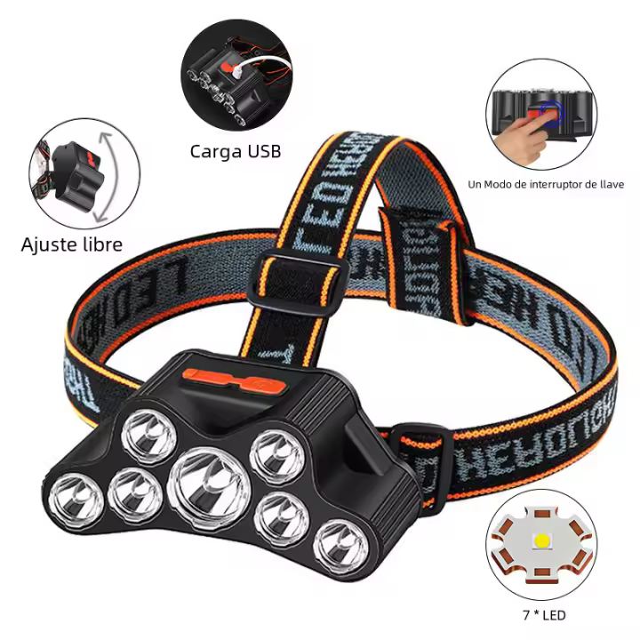Luz De Noche Super Brillante USB LED Para Casco RecargableLinterna De Trabajo Para Pesca Y Aventuras Al Aire Libre Luz Frontal Impermeable Con 7 LEDs Fuente De Luz LED ABS - 1