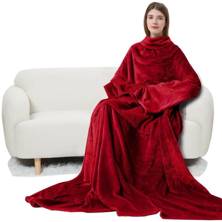 Manta de vellón utilizable con Mangas y Bolso para pies para Mujeres y helbres Adultos, manta de sudadera y Liviana para TV con Mangas y pegatinas de Velcro ajustables de 79 "x 67" Wine (Canguro-type Bolso)