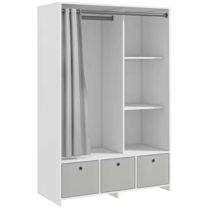 HOMCOM Armario, vestidor con cortina, armario con armario, armario con varilla, 3 compartimentos y 3 cajones extraíbles de tela - 105 x 48 x 160 cm - 1