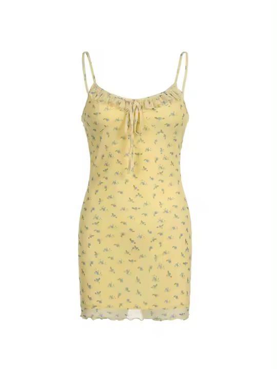 Vestido De Verano Para Mujer Estampado Floral Con Volantes Y Tirantes Spaghetti Vestido A-Line Corto Cuello Cuadrado Sin Mangas Polyester Spandex - 1