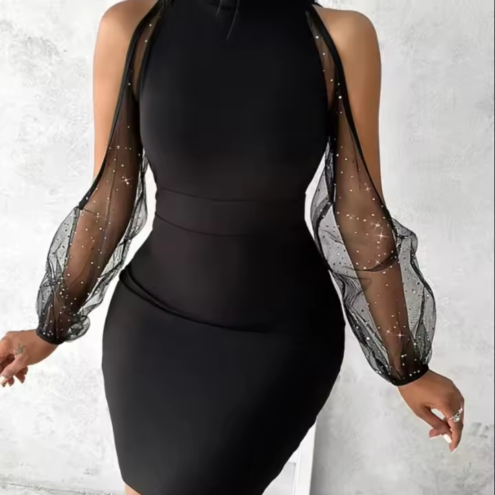Vestido Bodycon De Encaje Con Cuello Redondo Y Manga Larga Para Mujer Vestido Slim Con Cintura Ajustada Estilo Oficina Lady - 1