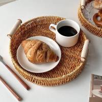 Bandeja De Alimentos De Plástico Tejida a Mano En Rattan Para Frutas Verduras Pasteles Forma Redonda Cesta De Almacenamiento Con Mango - details 13