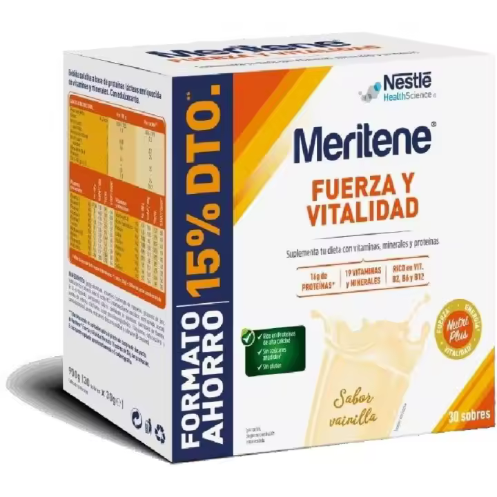 Meritene, Fuerza y Vitalidad para tus Músculos, Batidos Sabor Vainilla, Solución Nutricional para Adultos con Proteínas, Vitaminas y Minerales, 30 Sobres, 900 g - 1
