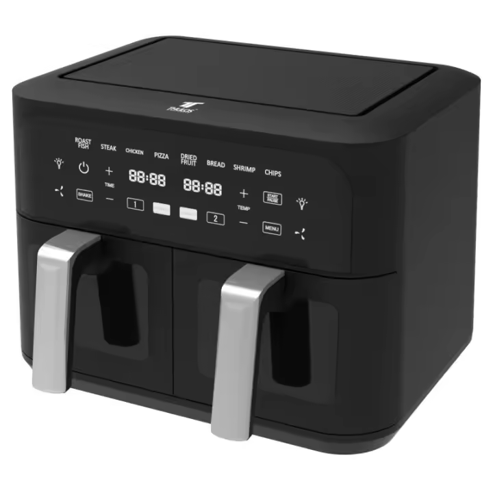 Freidora de aire dual, capacidad: 4.5+4.5L. Esta freidora innovadora cuenta con dos cestas con una capacidad de 4.5+4.5 litros cada una, permitiéndote cocinar dos lotes de alimentos al mismo tiempo. Con un rango de temperatura ajustable entre 40 y 200ºC, - 1