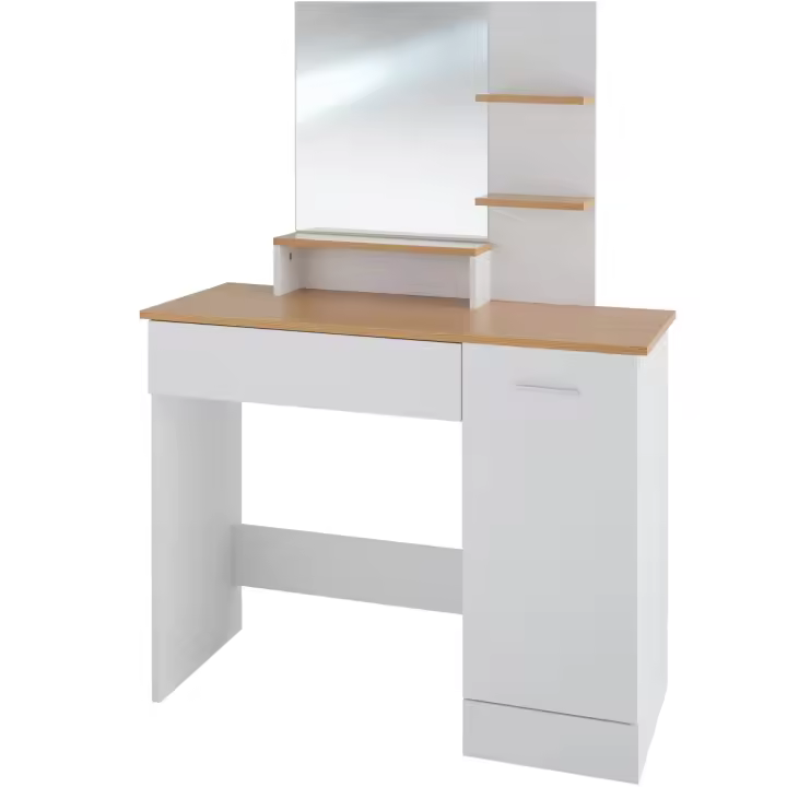 Tectake - Tocador con espejo grande Zoe | 90 x 40 x 137,5 cm | Tocador de estilo moderno | 3 estantes abiertos, cajón dividido | Compartimento lateral con estante intermedio y puerta | Superficie de fácil cuidado - 1