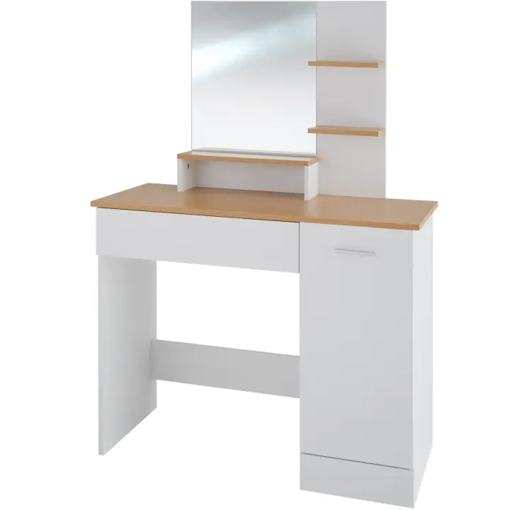 Tectake - Tocador con espejo grande Zoe | 90 x 40 x 137,5 cm | Tocador de estilo moderno | 3 estantes abiertos, cajón dividido | Compartimento lateral con estante intermedio y puerta | Superficie de fácil cuidado - 1