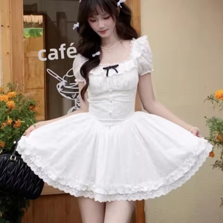 Vestido De Encaje Francés Dulce Con Cuello Cuadrado Y Mangas Burbuja Para Mujer Vestido De Cumpleaños Estilo Princesa Cintura Definida Falda A-line Larga Hasta La Rodilla - 1