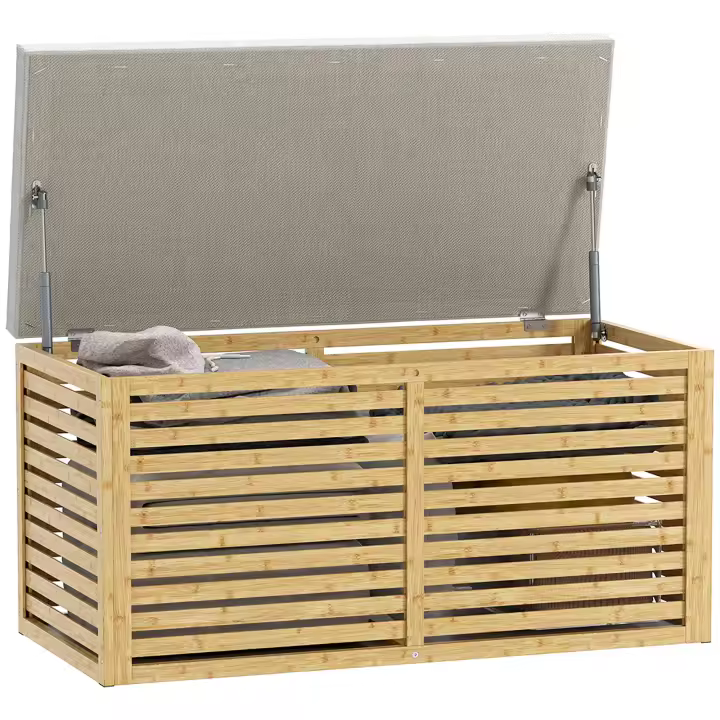 HOMCOM Baúl de Almacenaje para Dormitorio 122L/54,7L  Taburete de Almacenaje Tapizado en Lino Sintético con Cojín Marco de Bambú para Entrada Salón Gris y Natural - 1