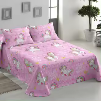 Colcha Bouti Niño y Niña, Unicornios y Camiones, con Funda de Cojín. Cama de 90 y 105 cm. Cubrecama Infantil, Primavera, Verano y Otoño. Fina y ligera. Estampada. Unicornios, Camiones, Tractores. - 1