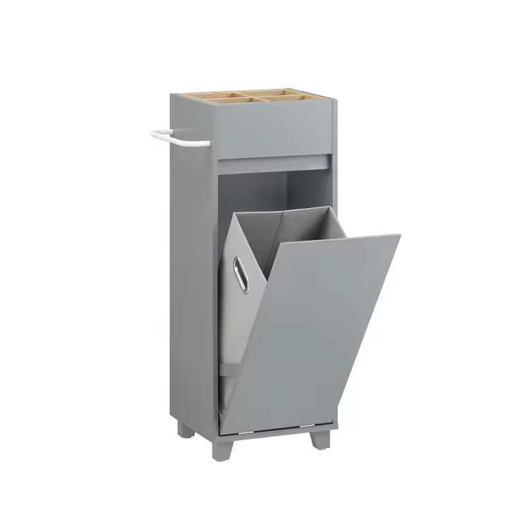SoBuy Mueble Columna de Baño con 1 Compartimento Armario Alto para Baño Estanterías de Baño con 1 Cesto para Ropa Sucia Gris 35 x 30 x 90 cm BZR159-DG ES - 1