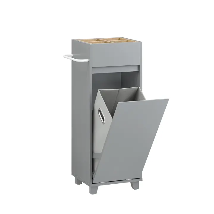 SoBuy Mueble Columna de Baño con 1 Compartimento Armario Alto para Baño Estanterías de Baño con 1 Cesto para Ropa Sucia Gris 35 x 30 x 90 cm BZR159-DG ES - 1