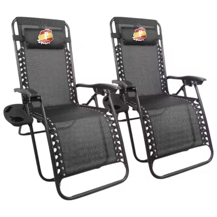 Pincho Sillas Gravedad Cero Reclinables, Tumbonas Jardin Exterior, Pack de 2 Sillones Plegables,  Tumbonas Plegables Ergonómicas con Apoyabrazos y Soporte para Bebidas, Silla de Jardín, Playa, Camping o Terraza, Ligera y Resistente, Negro Portavasos - 1