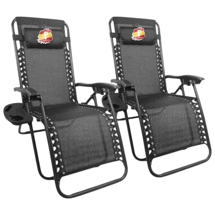 Pincho Sillas Gravedad Cero Reclinables, Tumbonas Jardin Exterior, Pack de 2 Sillones Plegables,  Tumbonas Plegables Ergonómicas con Apoyabrazos y Soporte para Bebidas, Silla de Jardín, Playa, Camping o Terraza, Ligera y Resistente, Negro Portavasos - 1