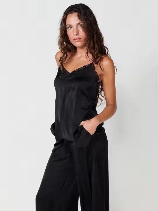 Koroshi Blusa Satinada Lisa Negra para Mujer - 1