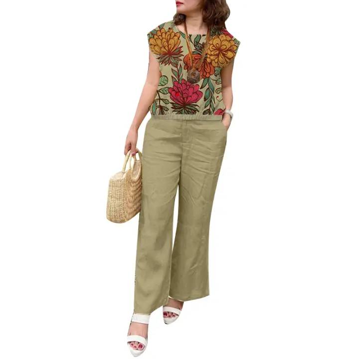 ZANZEA Conjunto De Trajes Para Mujer Vintage Verano 2PCS Conjunto De Vacaciones Trabajo Con Blusa De Manga Corta Y Pantalones Estampado Floral Talla Media Pantalones De Pierna Larga Cuello Redondo - 1