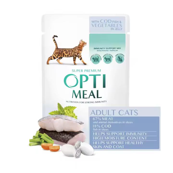 Comida  húmeda completa para gatos adultos OPTIMEAL con bacalao y verduras en gelatina ,PACK 12*85g - 1