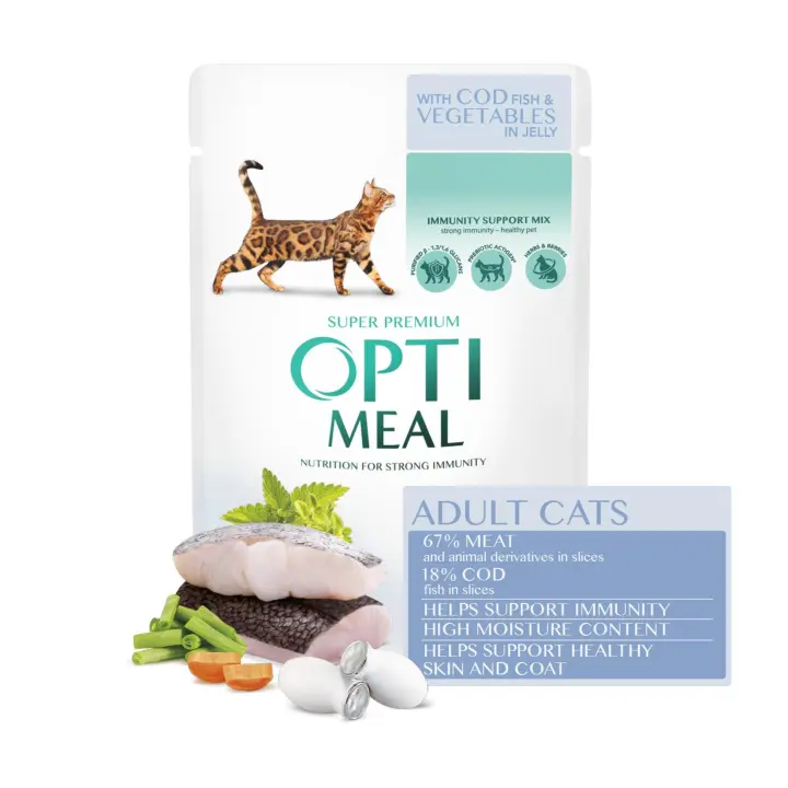 Comida  húmeda completa para gatos adultos OPTIMEAL con bacalao y verduras en gelatina ,PACK 12*85g - 1