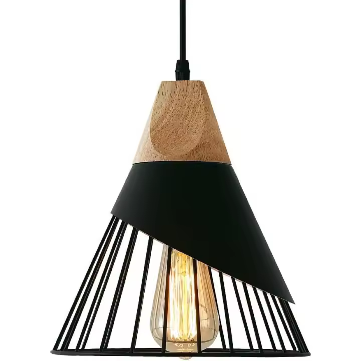 Lámpara colgante vintage de madera y metal, iluminación industrial para comedor, cocina o salón, diseño minimalista y chic - 1
