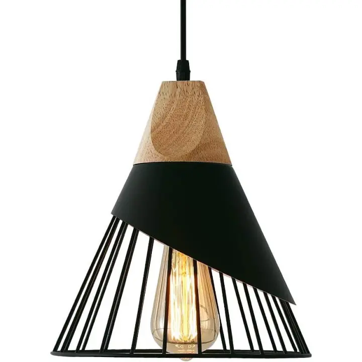 Lámpara colgante vintage de madera y metal, iluminación industrial para comedor, cocina o salón, diseño minimalista y chic - 1