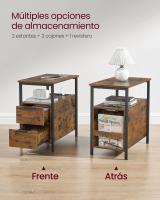 Mesa auxiliar multifuncional con multienchufe, diseño compacto con 2 cajones, ideal como mesita de noche, almacenamiento adicional para salón y dormitorio, disponible en gris ahumado o marrón rústico - details 3