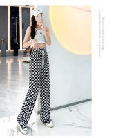 Pantalones Anchos Para Mujer Verano Finos Cintura Alta Drapé Versátil Seda Hielo Cuadros Frescos Pantalones Rectos De Pierna Larga - details 3