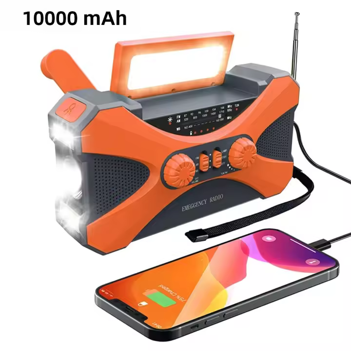 Radio De Emergencia Portátil Con Solar Y Manivela De Manivela 10000mAh Con LED Y Cargador USB Luz De Mano Recargable Para Clima NOAA AM FM - 1