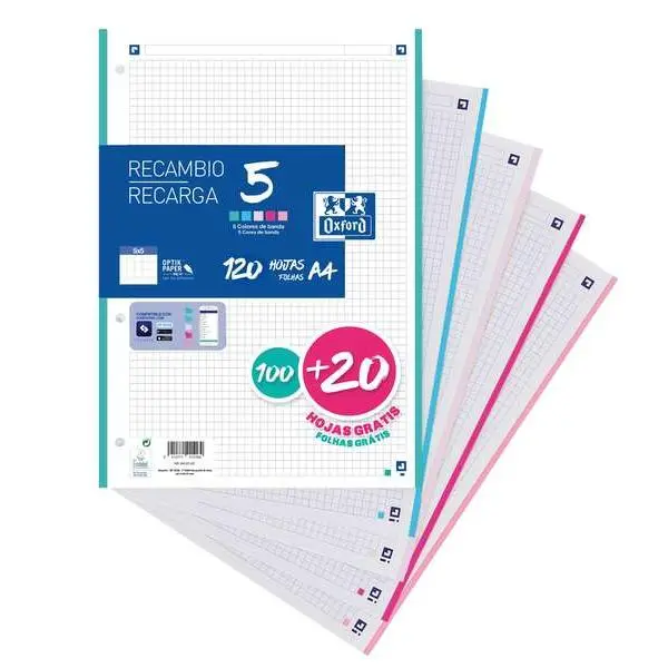 Oxford 5 recambio formato a4 cuadriculado 5x5mm 4 taladros - 100 hojas + 20 gratis - banda de 5 colores pastel - 1