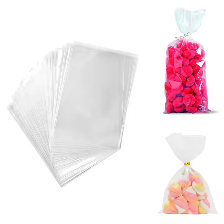 Tradineur - 4 paquetes de 12 bolsas transparentes de plástico para caramelos, envolver galletas, chuches, fiestas, cumpleaños, regalos (Total 48 bolsas - 30 x 40 cm) - 1