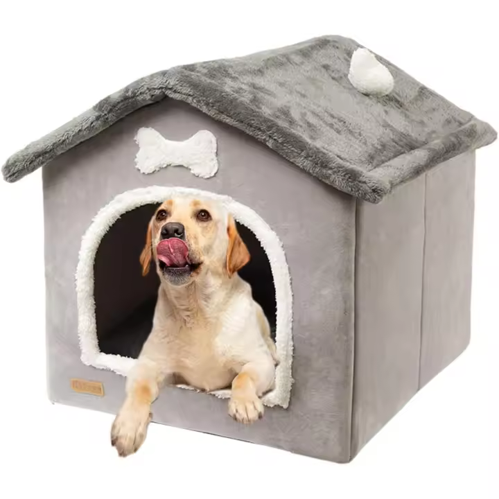 Caseta plegable para perro | Cama nido de felpa cálida y cerrada con cojín extraíble | Caseta de felpa para perro y gato - 1