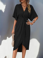 Vestido JIM & NORA 2024 Verano Para Mujer Cintura Alta Elegante Tipo Wrap Cuello En V Midi De Cintura Con Decoración Ruched Estilo Oficina - details 9