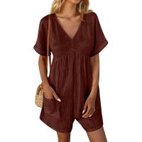 Monos De Verano Casuales Para Mujer Con Hombros Descubiertos Y Mangas Cortas Ruched Estilo Romper De Piernas Largas Con Bolsillos De Poliéster - details 11