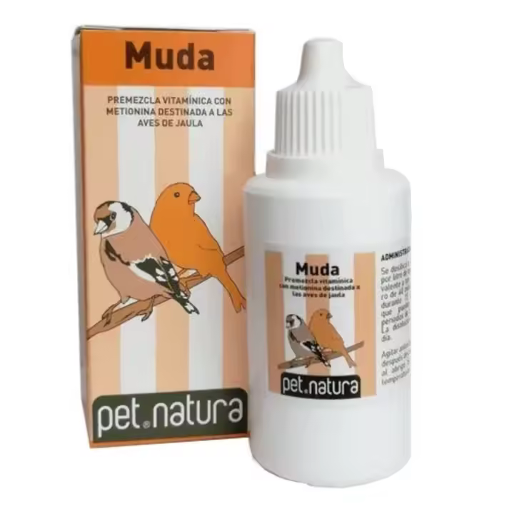 Pet Natura Muda 25ml - Alimento Complementario con Metionina para pajaros de jaula - Canarios, jilgueros, periquitos y en general todas las aves de compañía - Acorta el periodo de muda, mejora el plumaje de las crias y embellece el de los adultos - 1