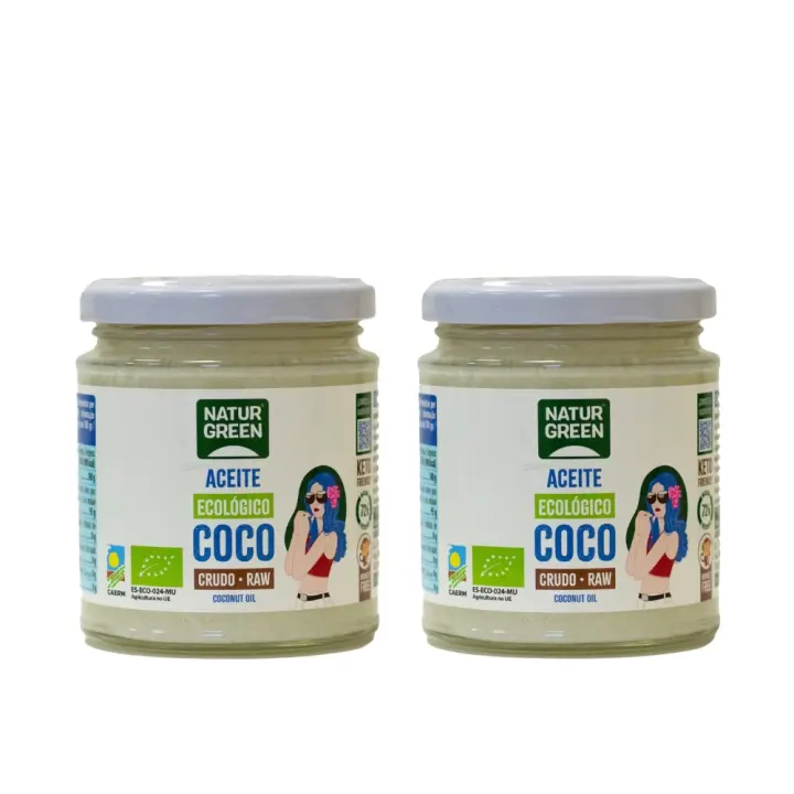 Aceite de Coco Virgen Bio en Tarro  200g  Pack de 2x  Prensado en frío, 100% natural y ecológico  Ideal para cocinar, hornear o uso cosmético  NATURGREEN - 1