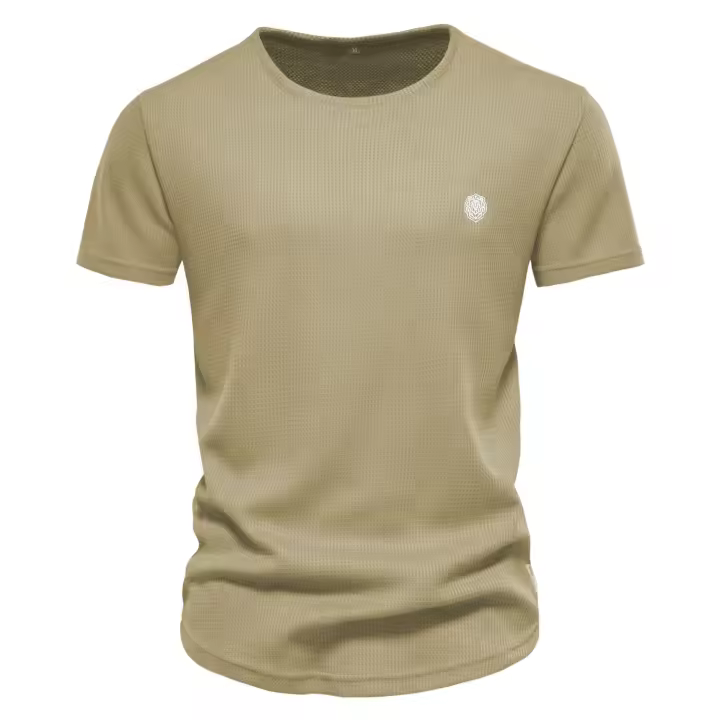 Nueva camiseta casual bordada de primavera para hombre, cuello redondo, color sólido, camisa básica deportiva, top para hombre - 1
