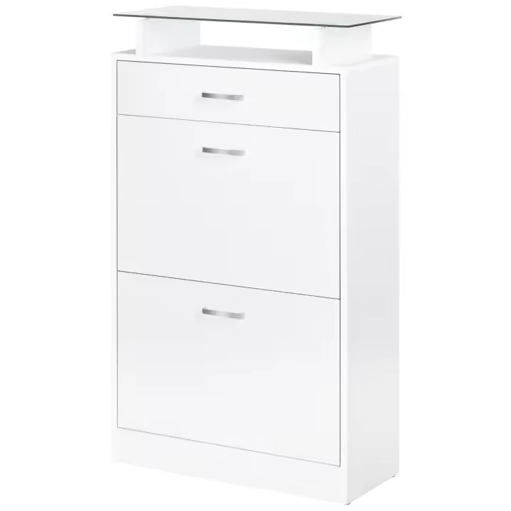 HOMCOM Organizador de Zapatos Multifuncional Zapatero con 3 Cajones Estante de Vidrio Asa de Aluminio para Pasillo Tablero de Partículas Carga 50 kg 60x24x105,5 cm Blanco - 1